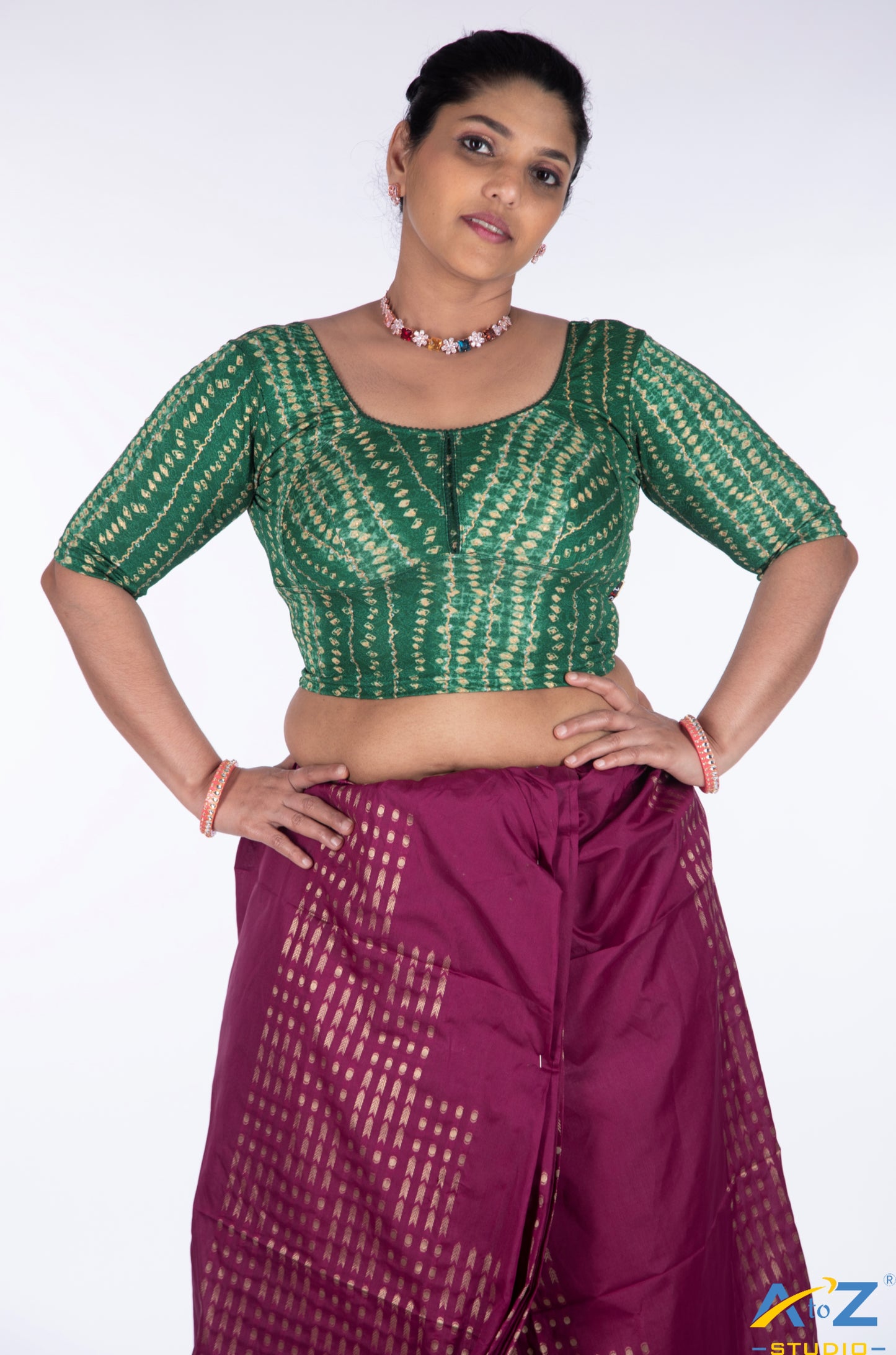 Green Cotton Lycra Bandhni Print Blouse