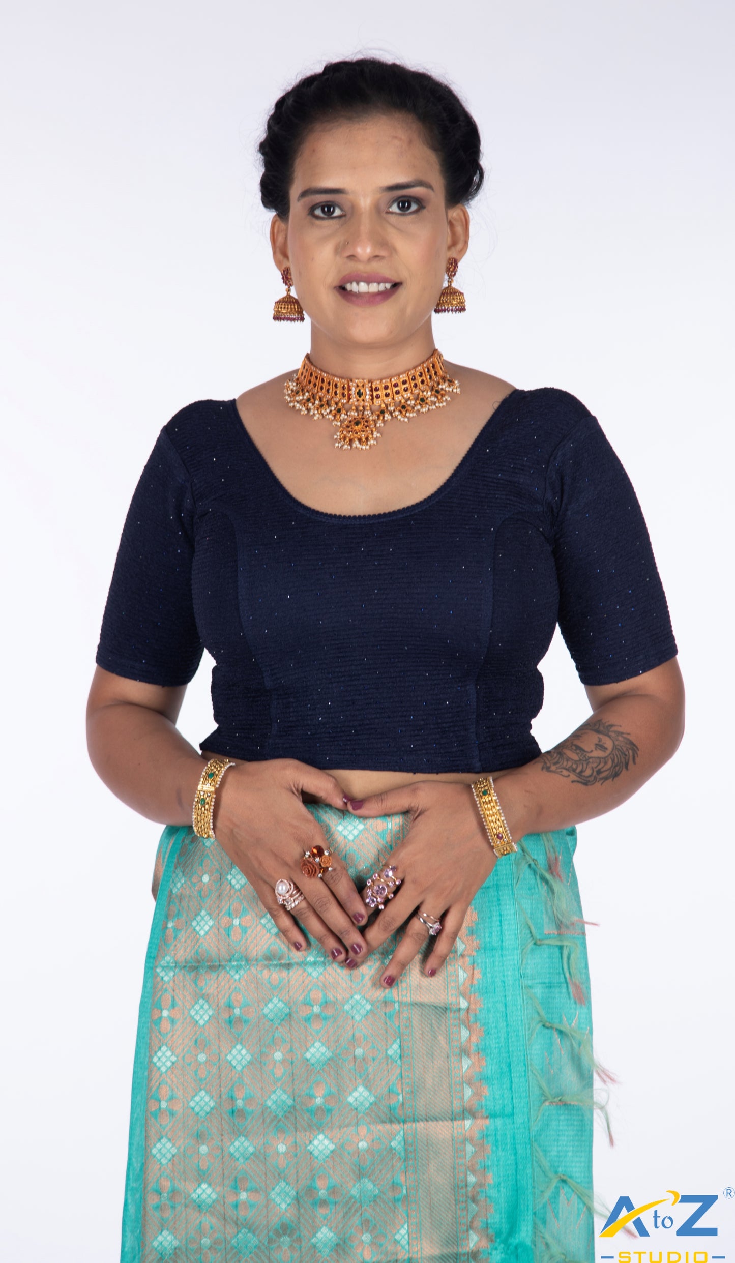 Navy Blue  Crush Fabric Tissue Stone Work Blouse