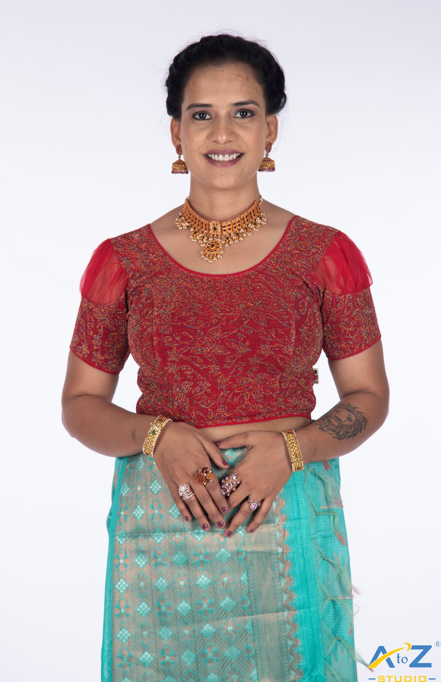 Red Metallic Lycra Metallic Jacquard Blouse