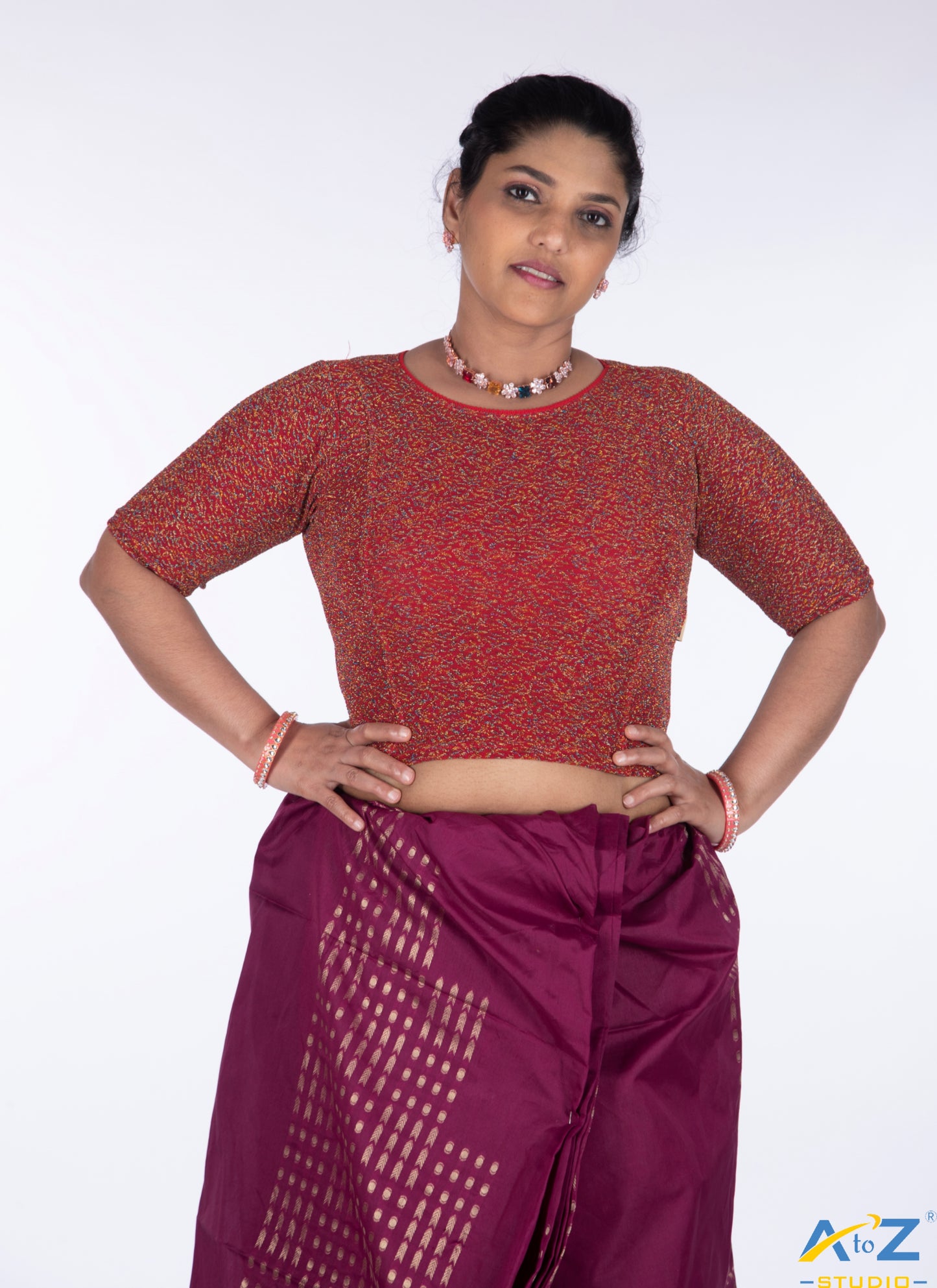 Red Metallic Lycra Boat Neck Blouse