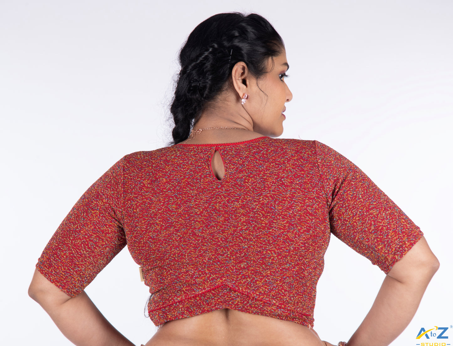 Red Metallic Lycra Boat Neck Blouse