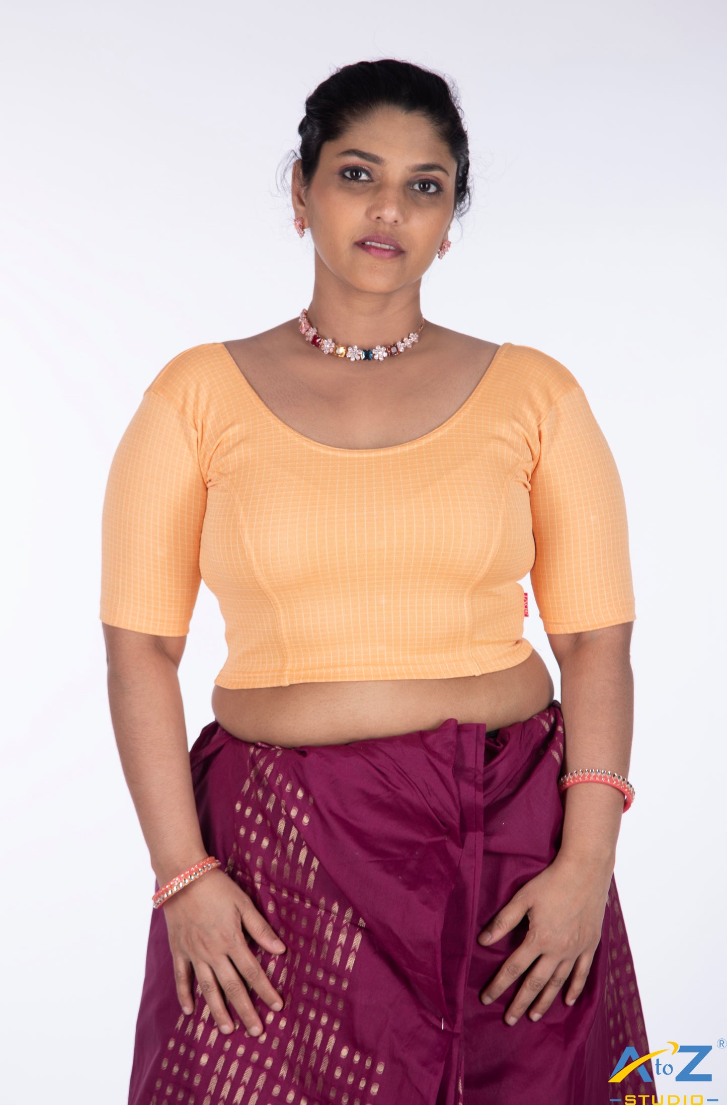 Peach  Cotton Lycra Blouse with Micro Checks