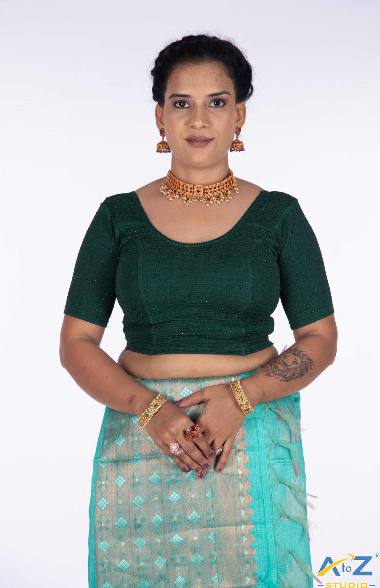 Bottle Green  Crush Fabric Tissue Stone Work Blouse