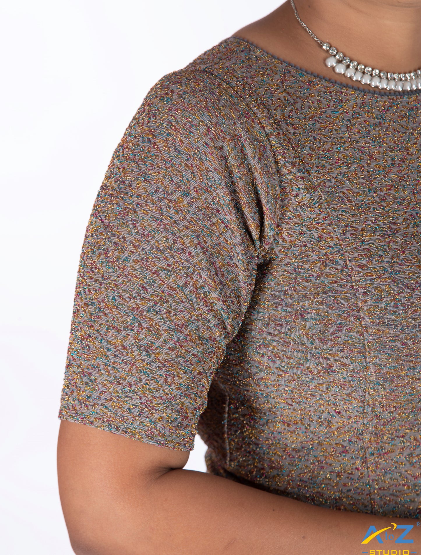 Grey Metallic Lycra Boat Neck Blouse