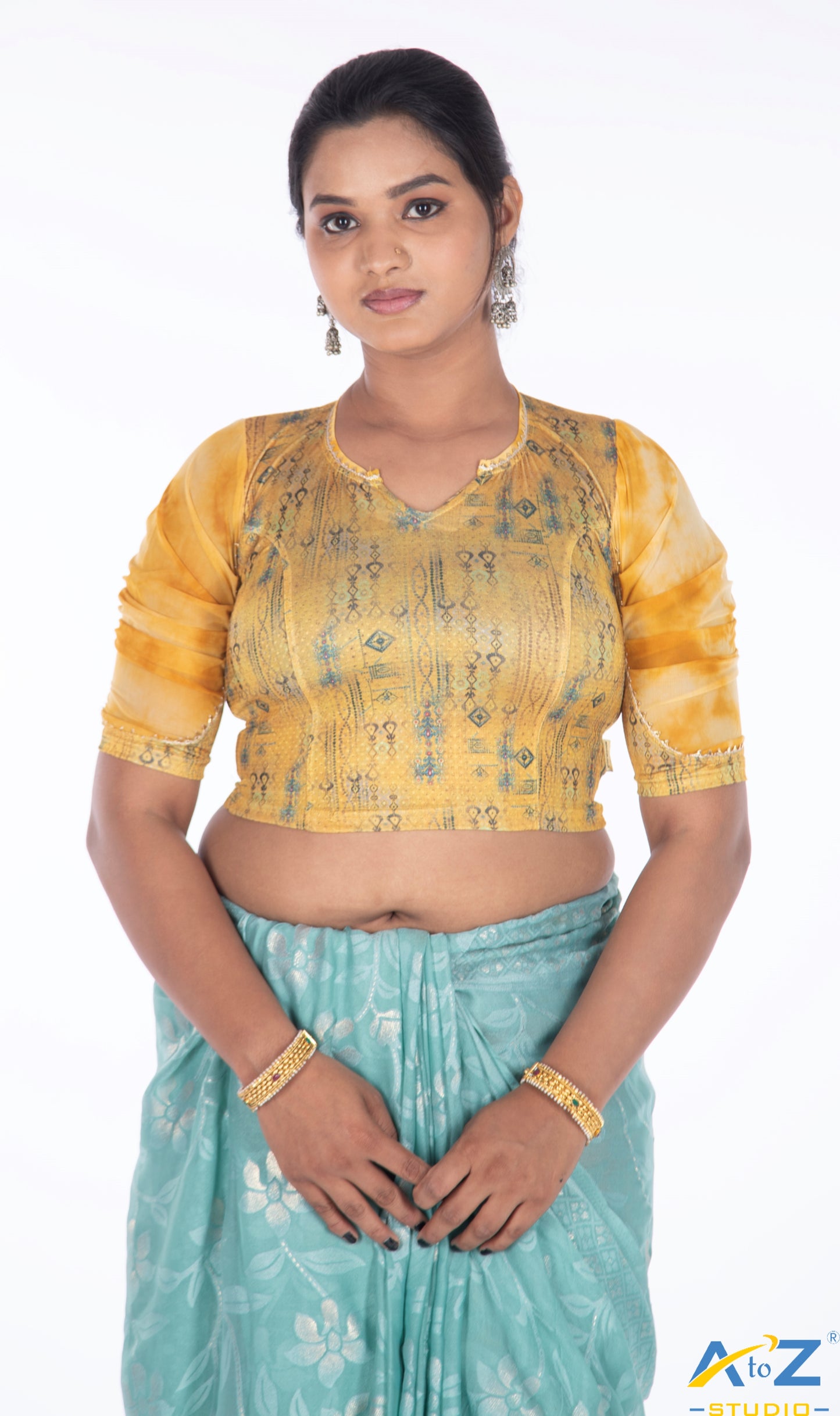 Mustard Polyester Lycra V Neck Blouse