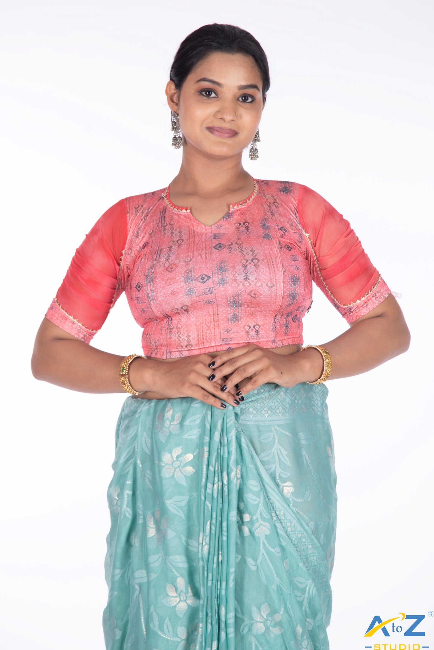 Peach  Polyester Lycra V Neck Blouse