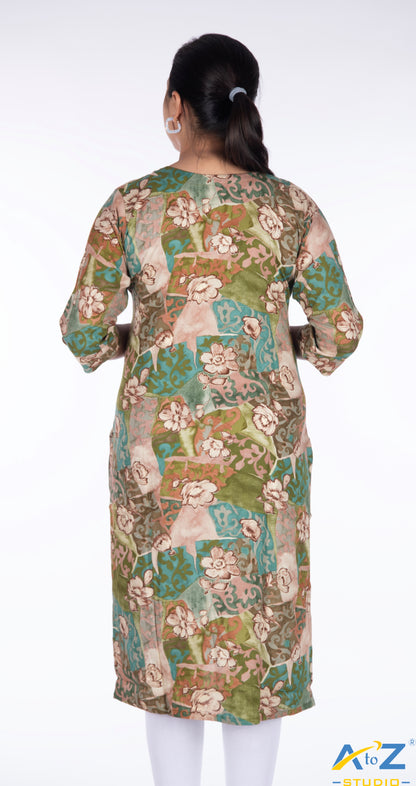 Chic Multi-Green Floral Kurti with Sunflower Accents