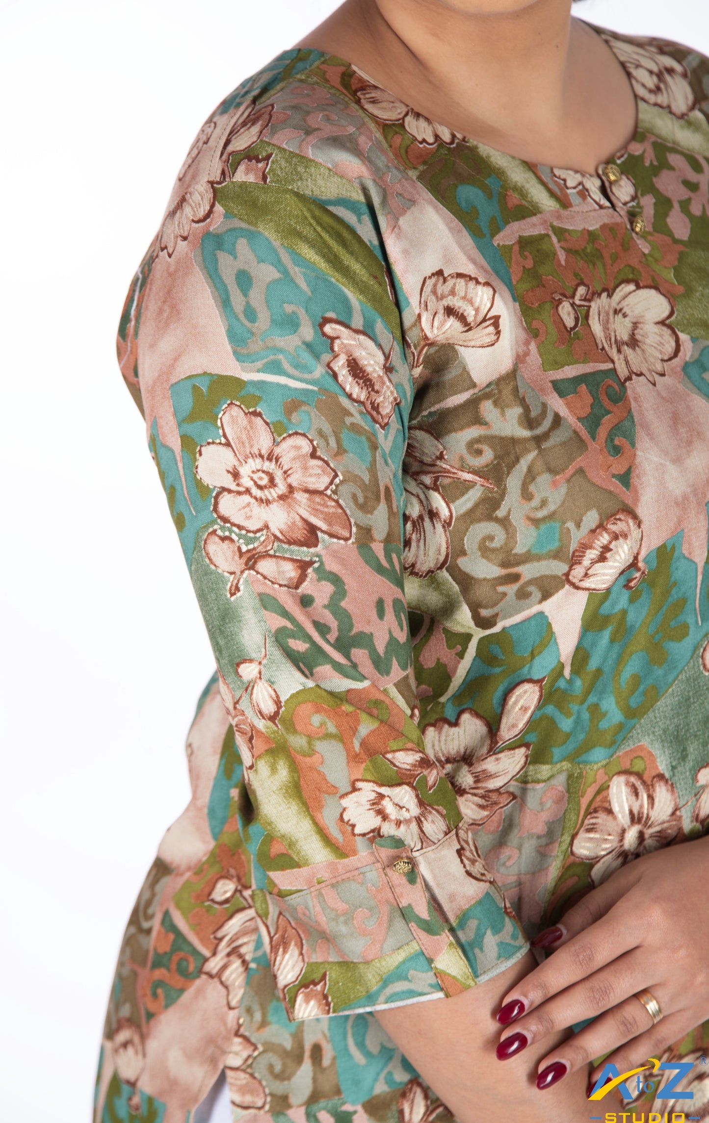 Chic Multi-Green Floral Kurti with Sunflower Accents