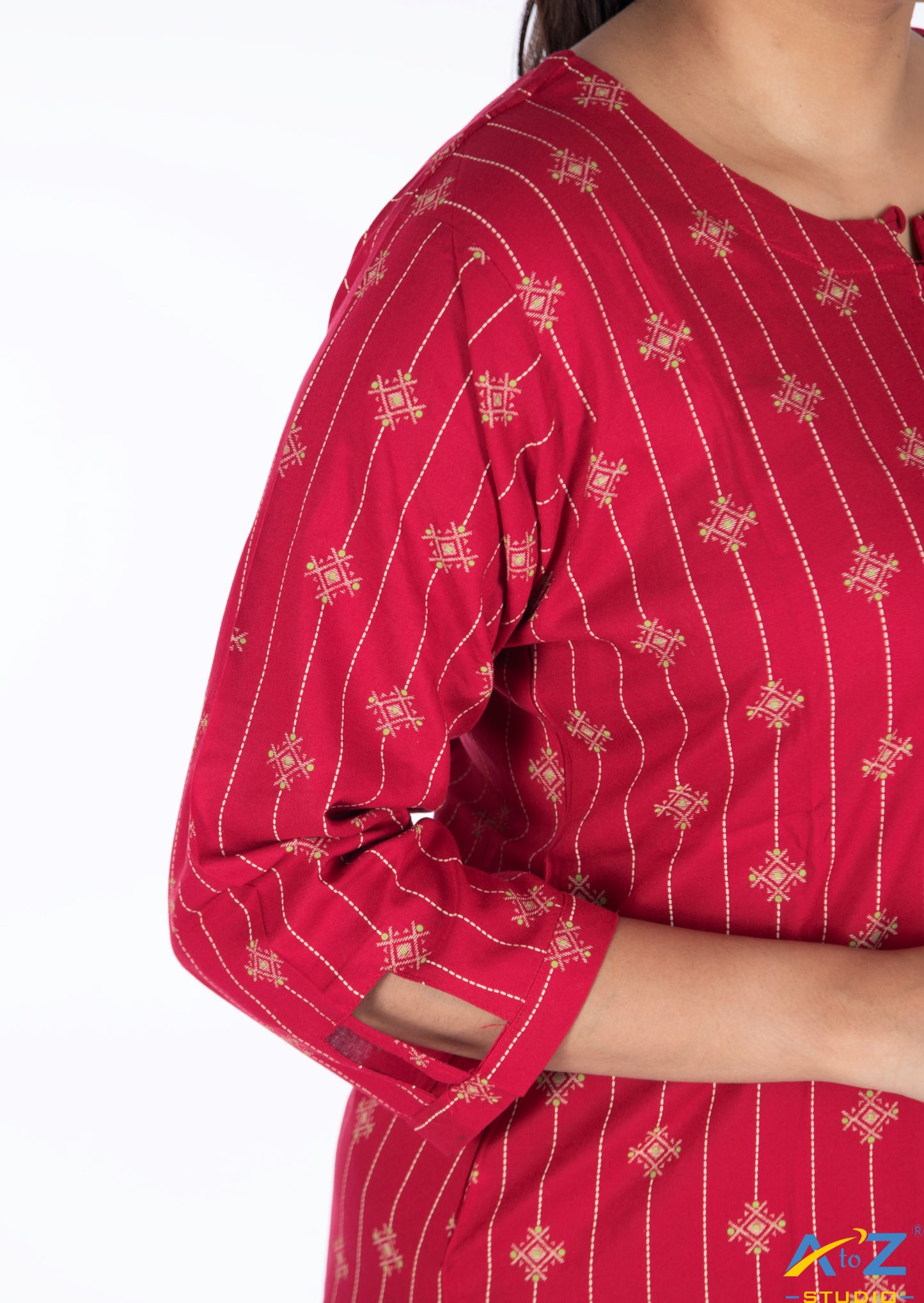 Bold Red Kurti with Geometric Diamond-Line Design