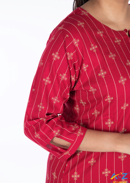 Bold Red Kurti with Geometric Diamond-Line Design