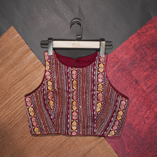 Wine Embroidered Sleeveless Blouse