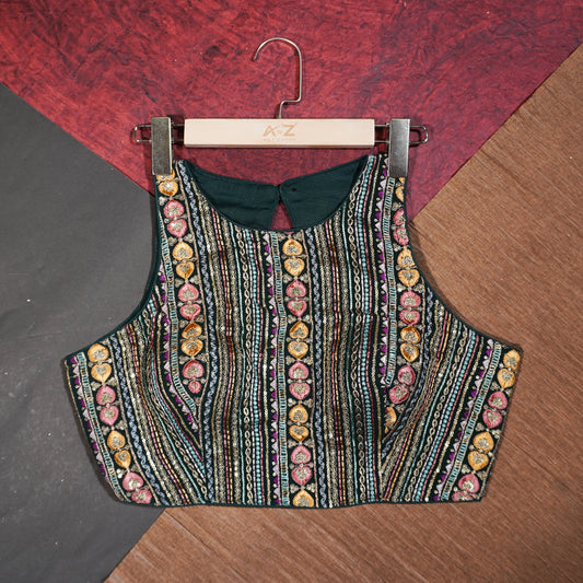 Bottle Green Embroidered High-Neck Blouse