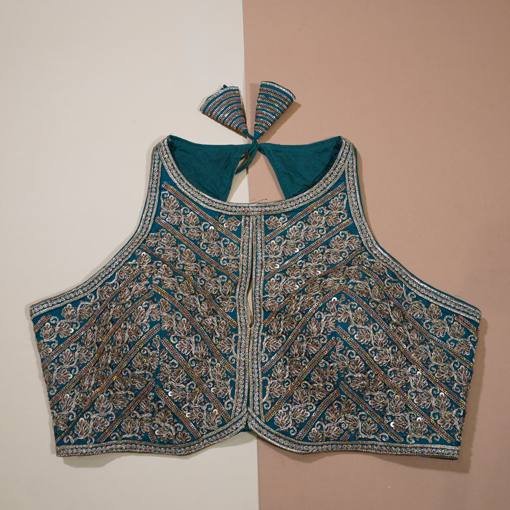 Sophisticated Teal Blue Blouse with Intricate Zari Accents