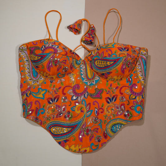 Vibrant Orange Paisley Corset Blouse with Sequin Accents
