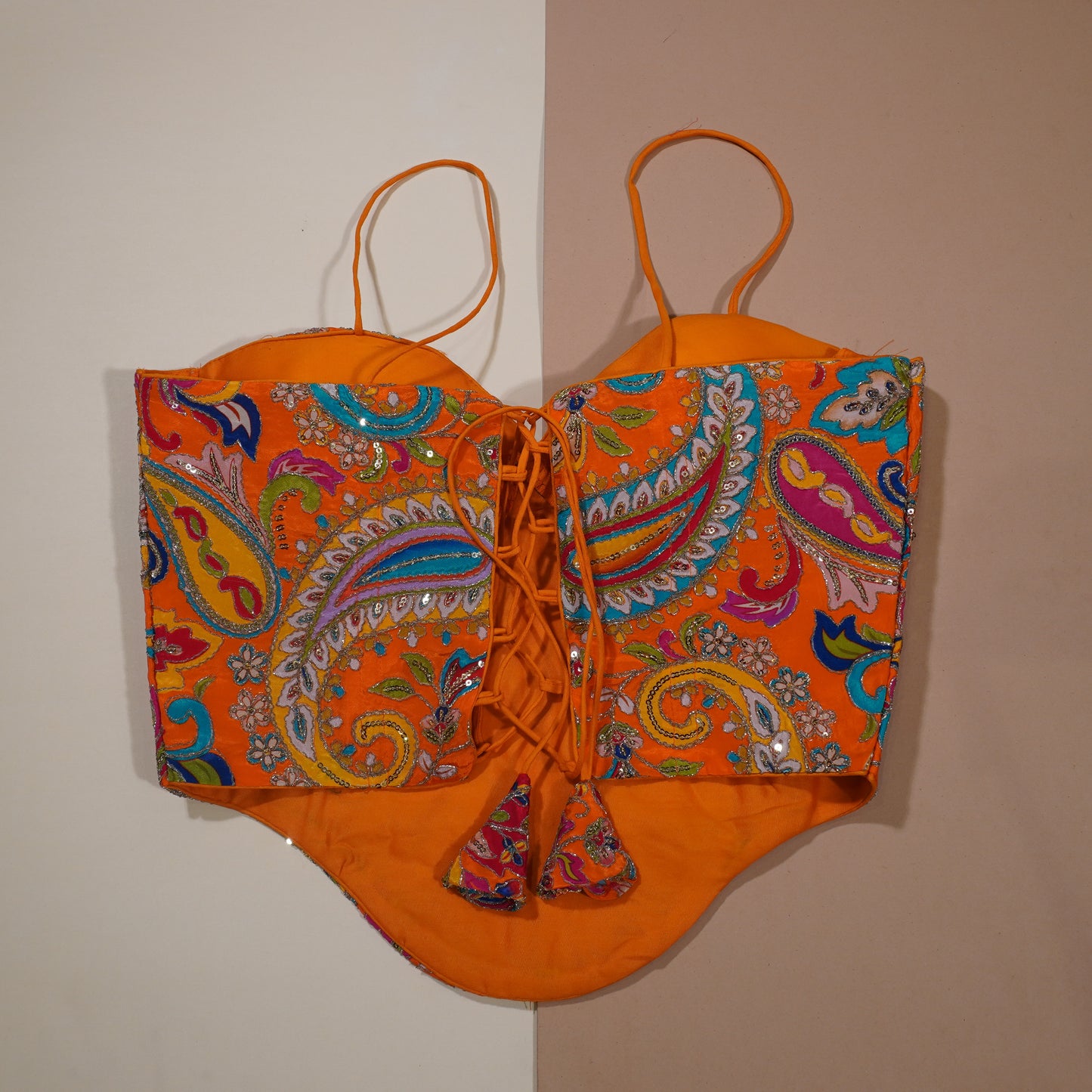 Vibrant Orange Paisley Corset Blouse with Sequin Accents