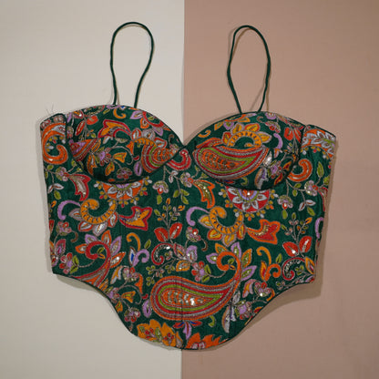 Deep Forest Green Corset Blouse with Multi-Hue Threadwork