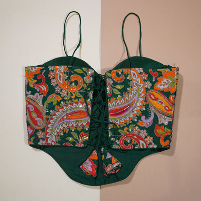 Deep Forest Green Corset Blouse with Multi-Hue Threadwork
