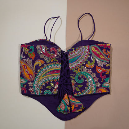 Regal Purple Corset Blouse with Ornate Floral Embroidery