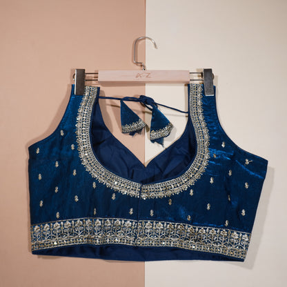 Royal Blue Silk-Satin Blouse with Intricate Silver Zari Work