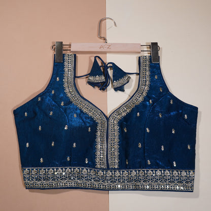 Royal Blue Silk-Satin Blouse with Intricate Silver Zari Work
