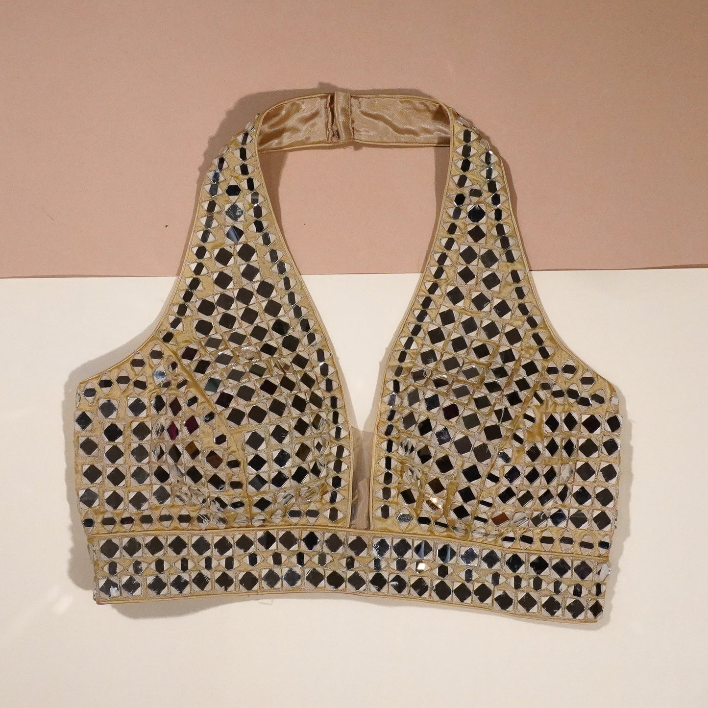 Gilded Gold Halter Blouse with Geometric Mirror Detailing