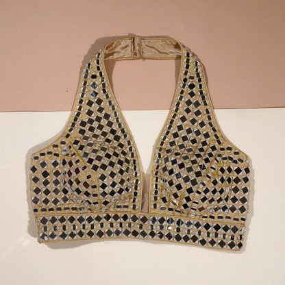 Gilded Gold Halter Blouse with Geometric Mirror Detailing