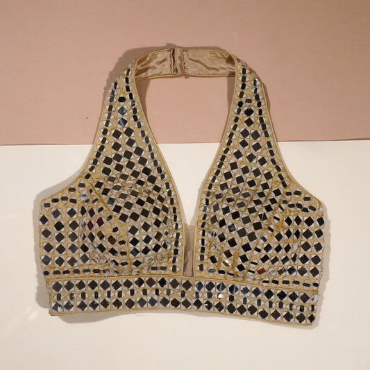 Gilded Gold Halter Blouse with Geometric Mirror Detailing