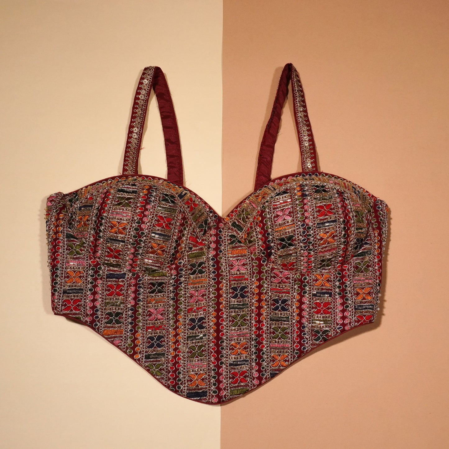 : Artisan-Crafted Sweetheart Crop Top with Mirror Work