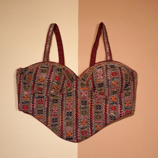 : Artisan-Crafted Sweetheart Crop Top with Mirror Work