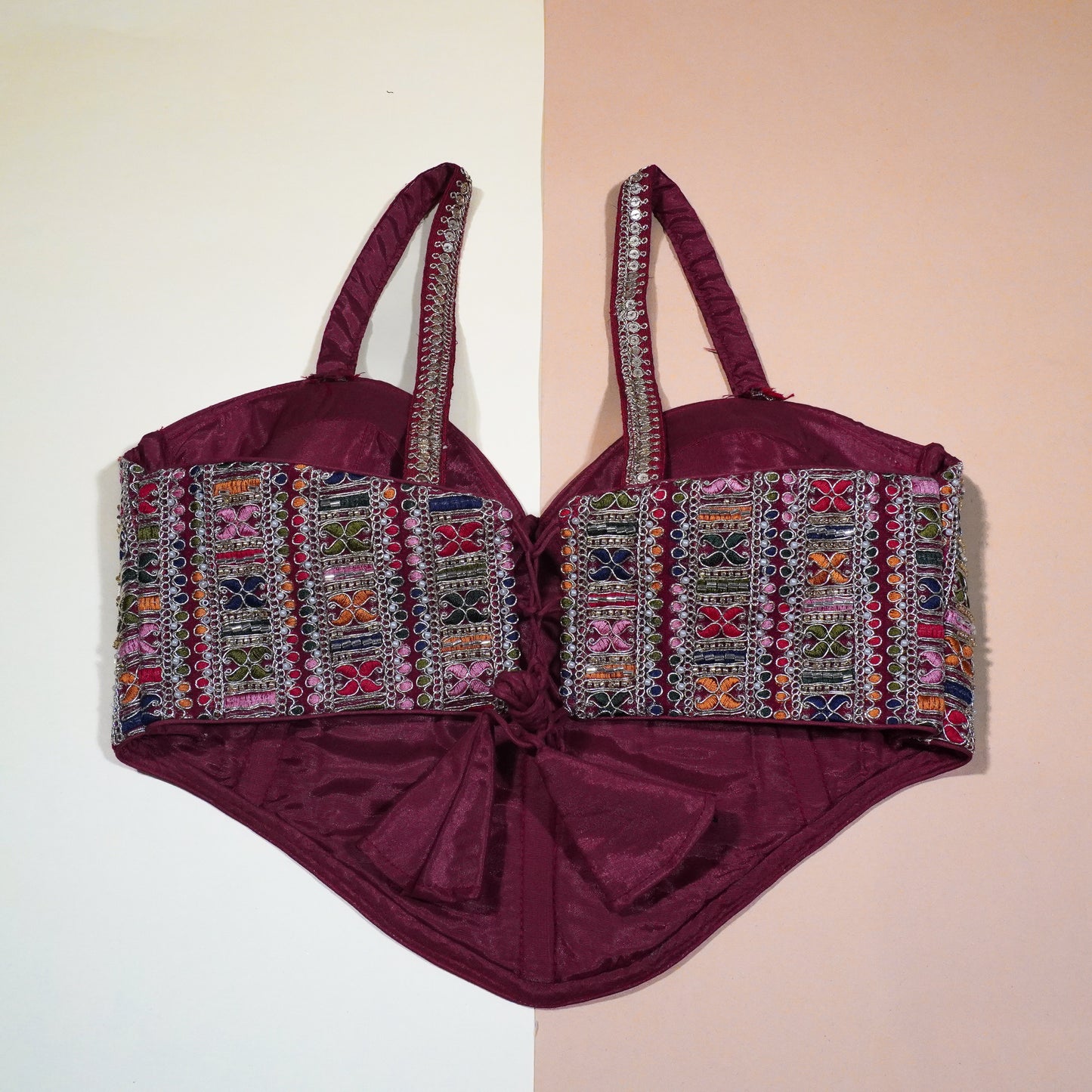 : Artisan-Crafted Sweetheart Crop Top with Mirror Work