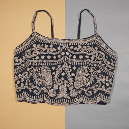 Navy Silver Hand-Beaded Paisley Crop Top