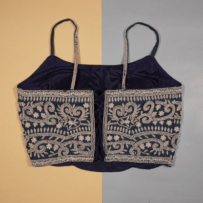Navy Silver Hand-Beaded Paisley Crop Top