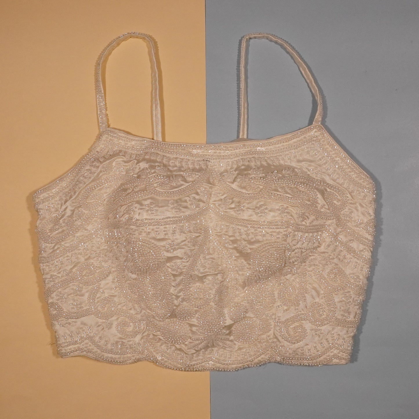 Cream Tonal Beaded Lattice Crop Top