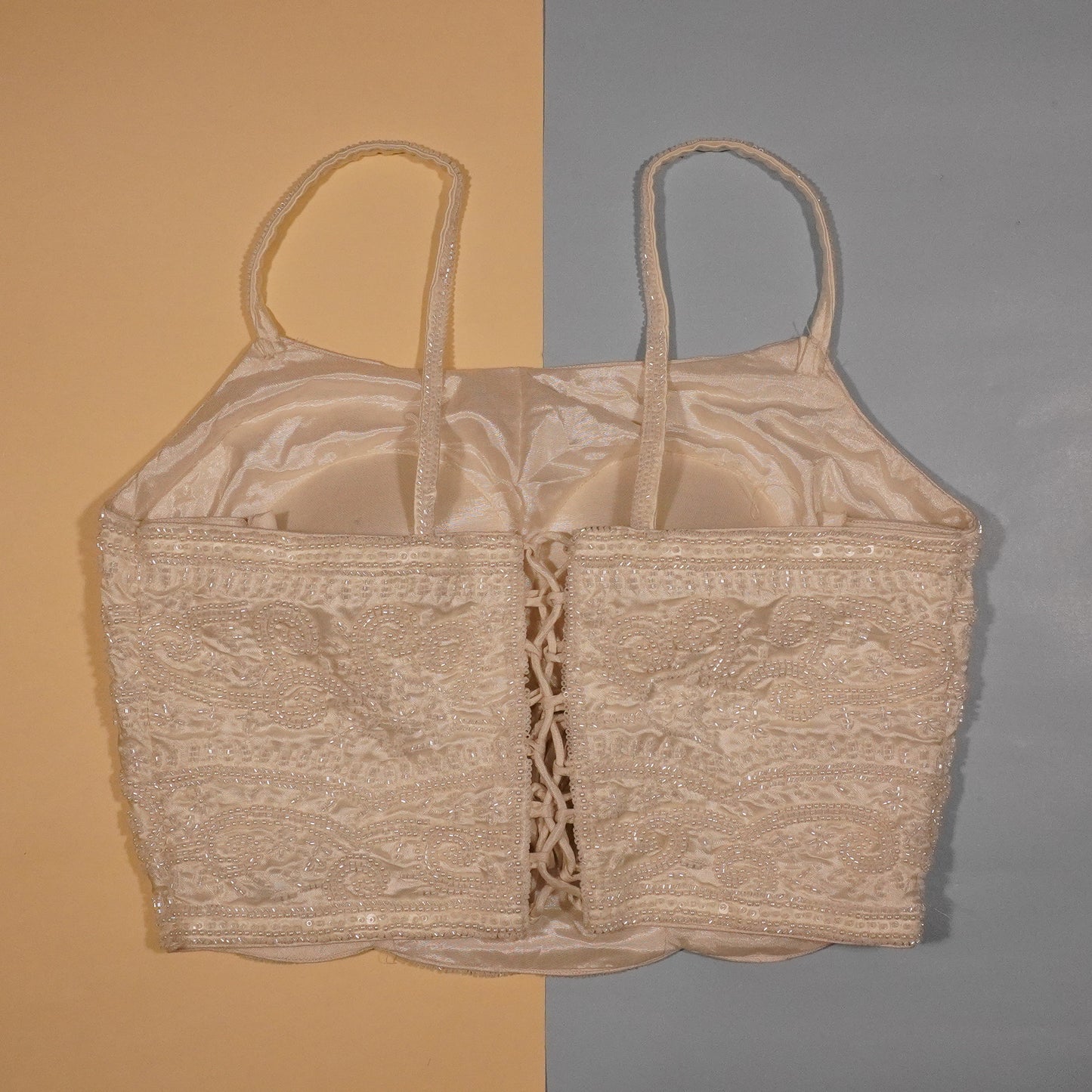 Cream Tonal Beaded Lattice Crop Top