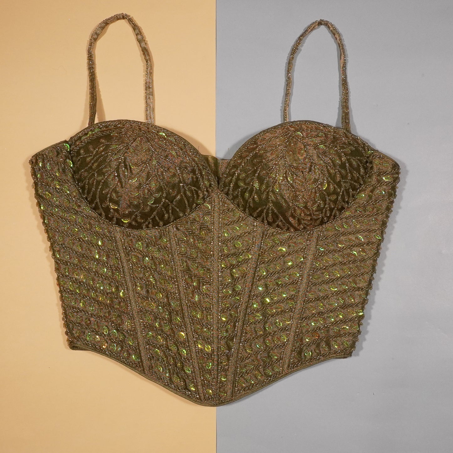 Olive Moss Hand-Beaded Corset Top