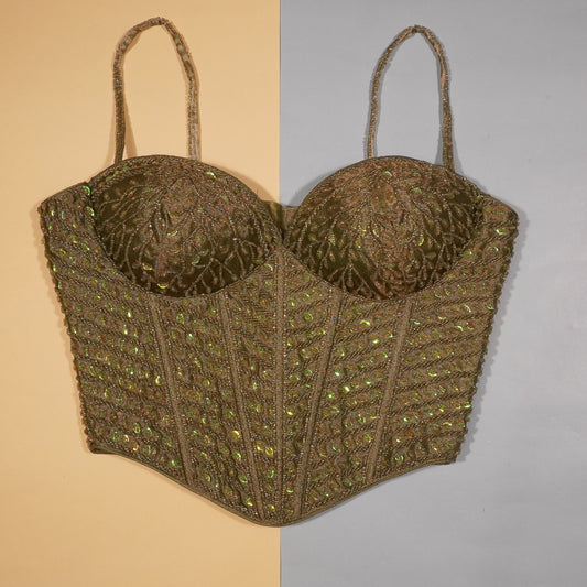 Olive Moss Hand-Beaded Corset Top