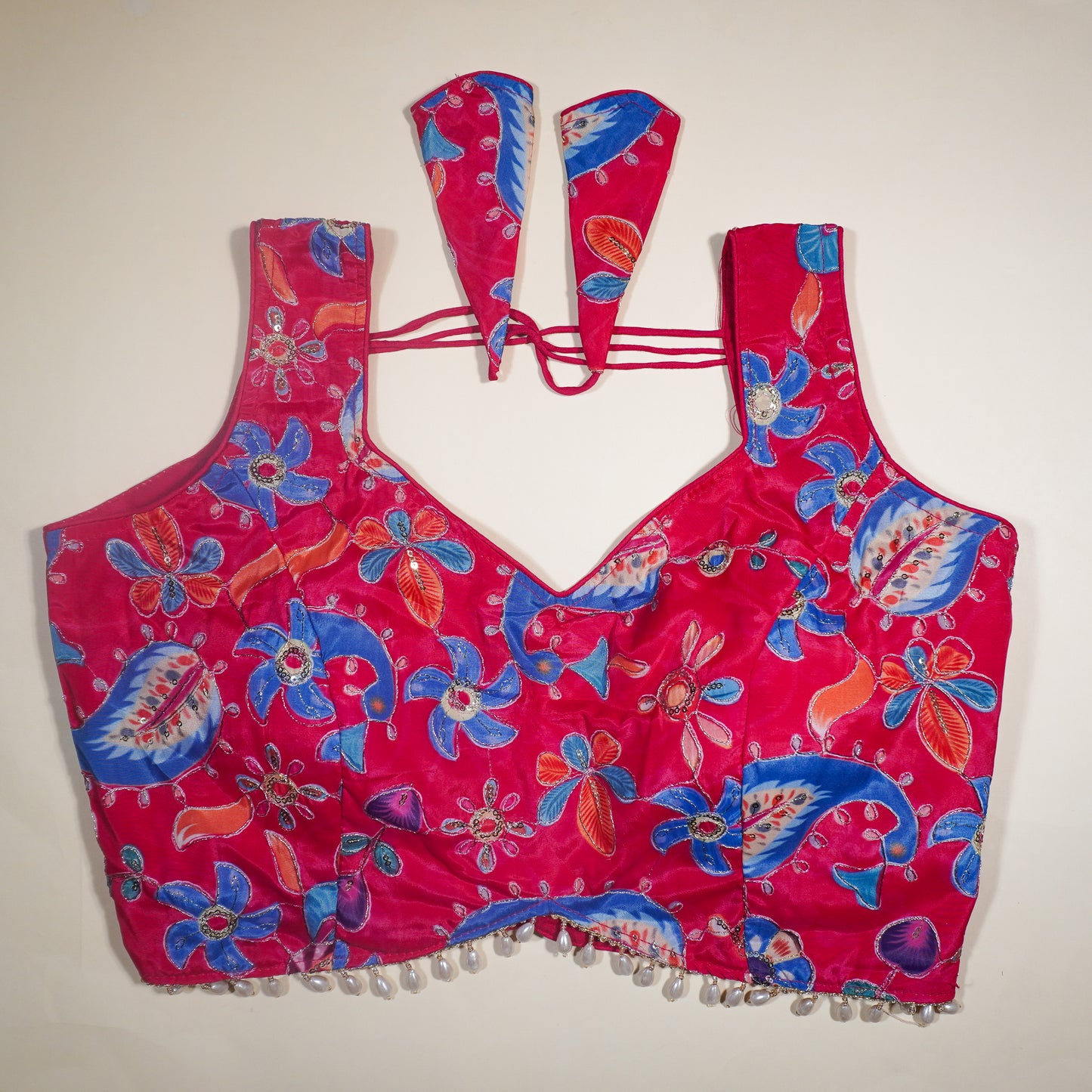 Hot Pink Embellished V-Neck Choli with Back Tassels