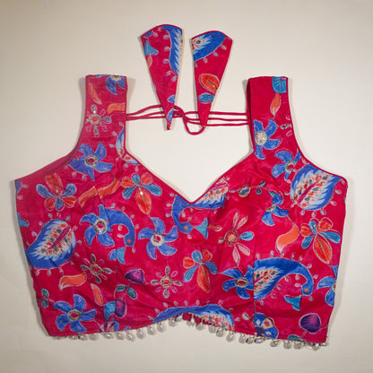 Hot Pink Embellished V-Neck Choli with Back Tassels