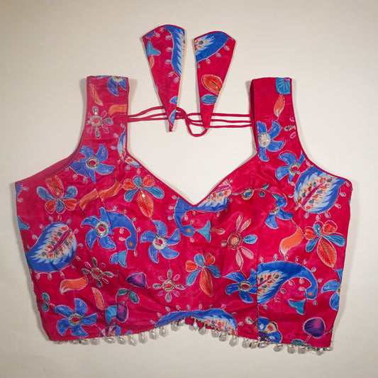Hot Pink Embellished V-Neck Choli with Back Tassels