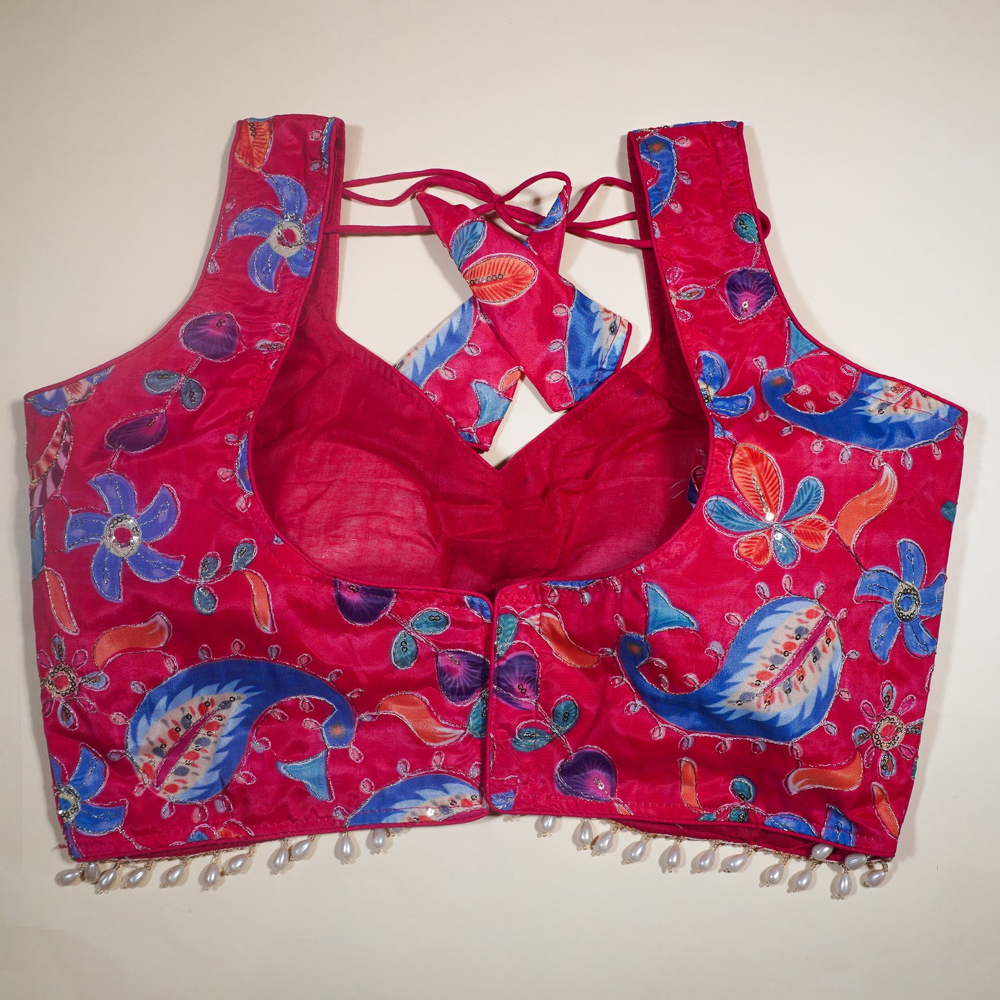 Hot Pink Embellished V-Neck Choli with Back Tassels