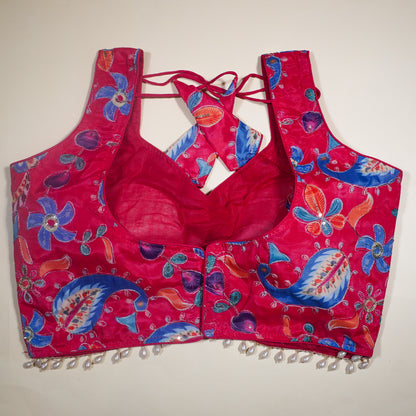 Hot Pink Embellished V-Neck Choli with Back Tassels