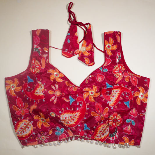 Crimson Red Floral V-Neck Saree Blouse with Sequins and Pearl Fringe