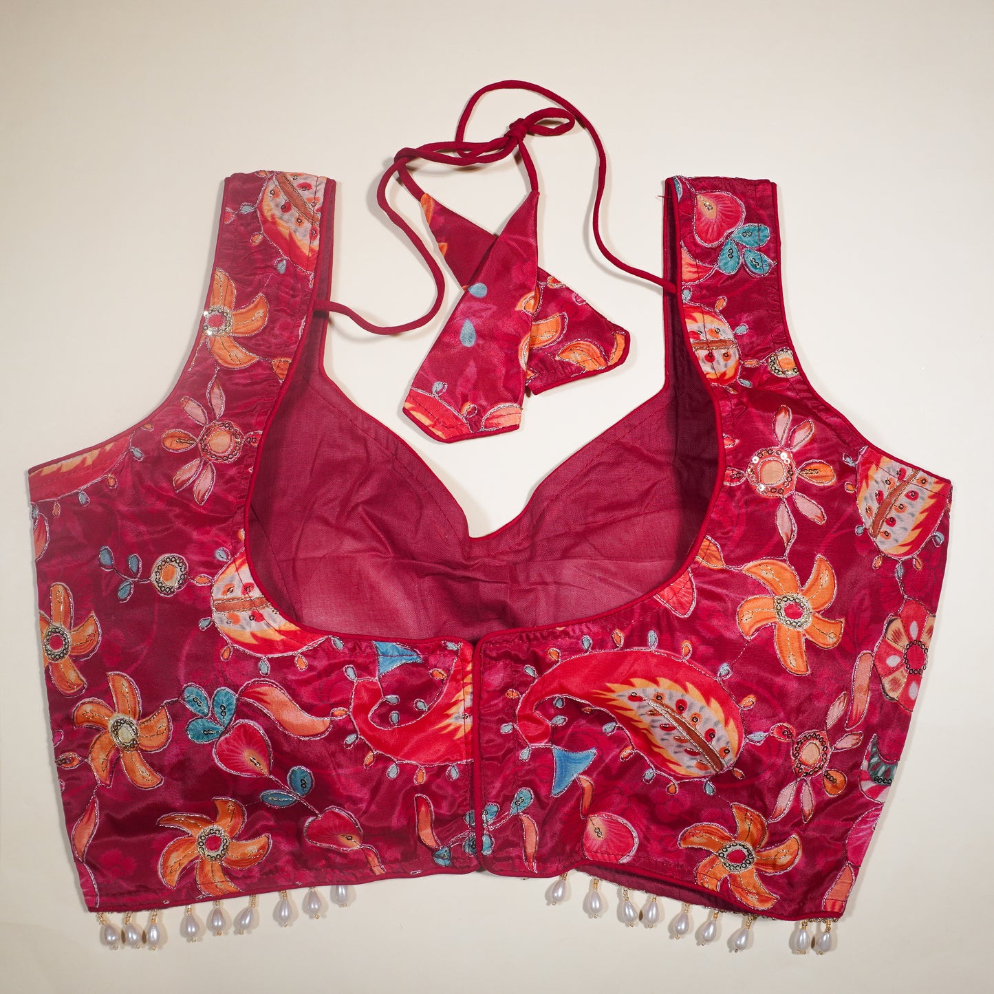 Crimson Red Floral V-Neck Saree Blouse with Sequins and Pearl Fringe