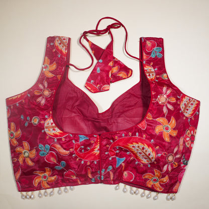 Crimson Red Floral V-Neck Saree Blouse with Sequins and Pearl Fringe