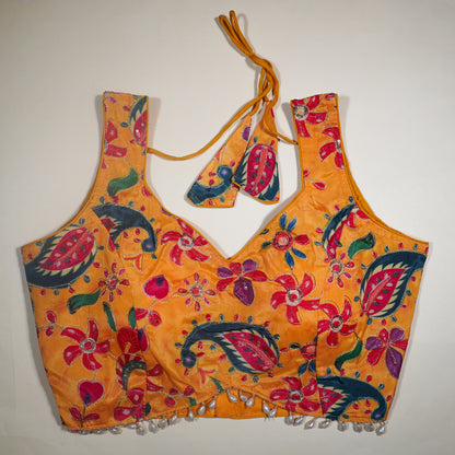 Mustard Yellow Vibrant Floral Print Blouse with Pearl Detailing