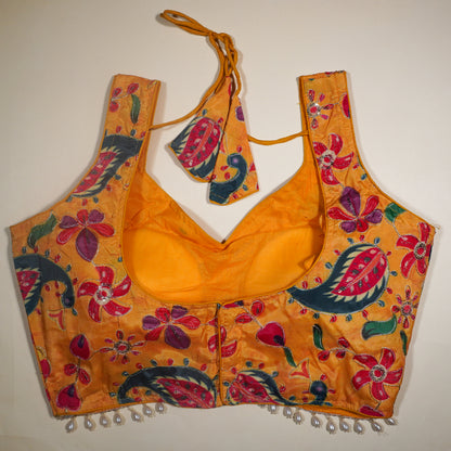 Mustard Yellow Vibrant Floral Print Blouse with Pearl Detailing