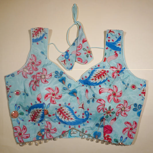 Pastel Blue V-Neck Paisley Blouse with Tassels