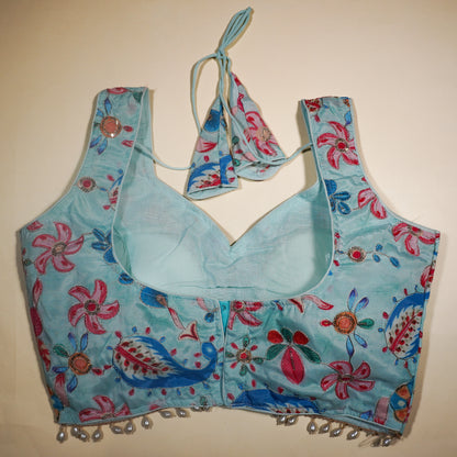 Pastel Blue V-Neck Paisley Blouse with Tassels