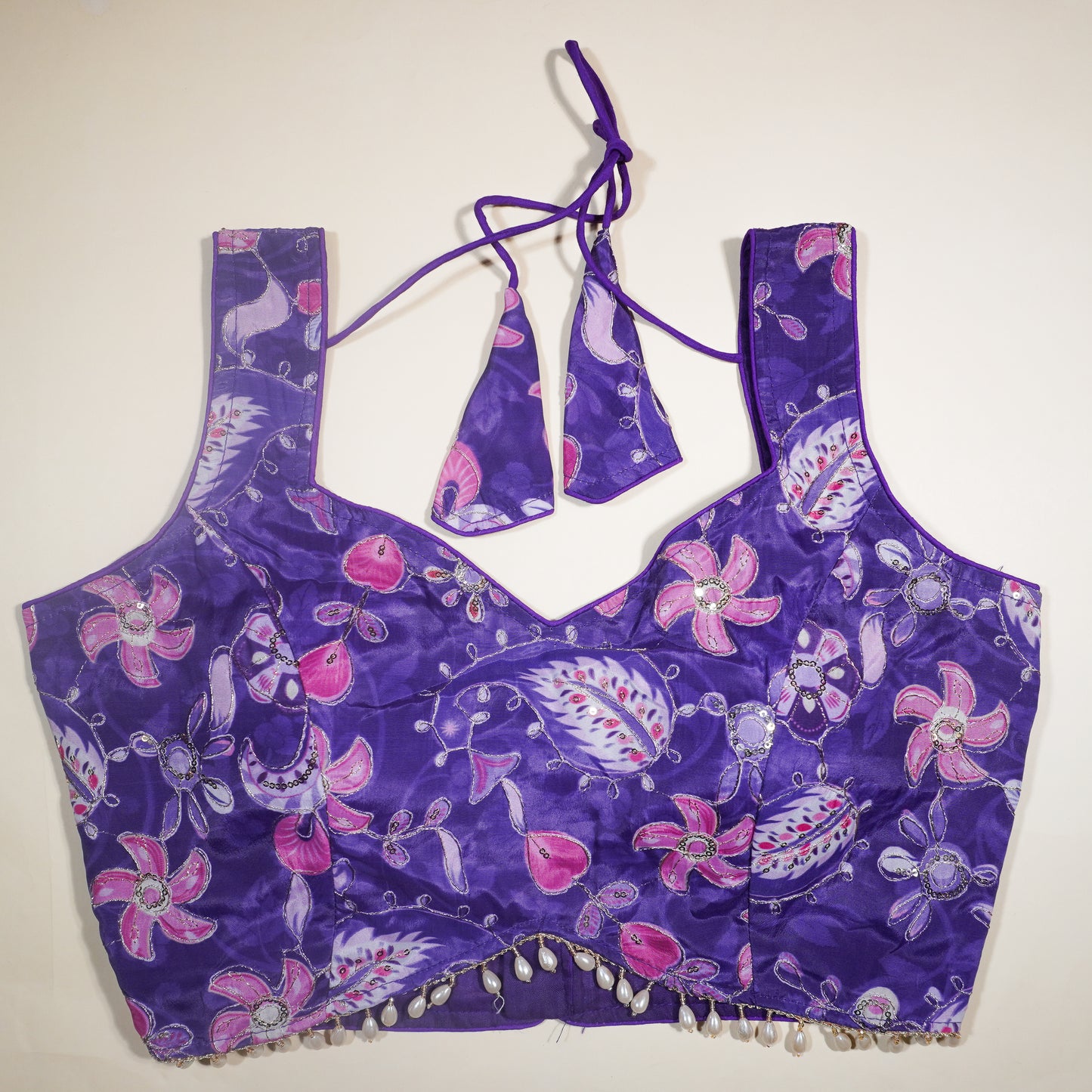 Deep Violet Embellished Paisley Print Saree Blouse