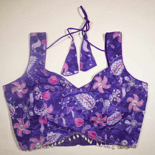 Deep Violet Embellished Paisley Print Saree Blouse